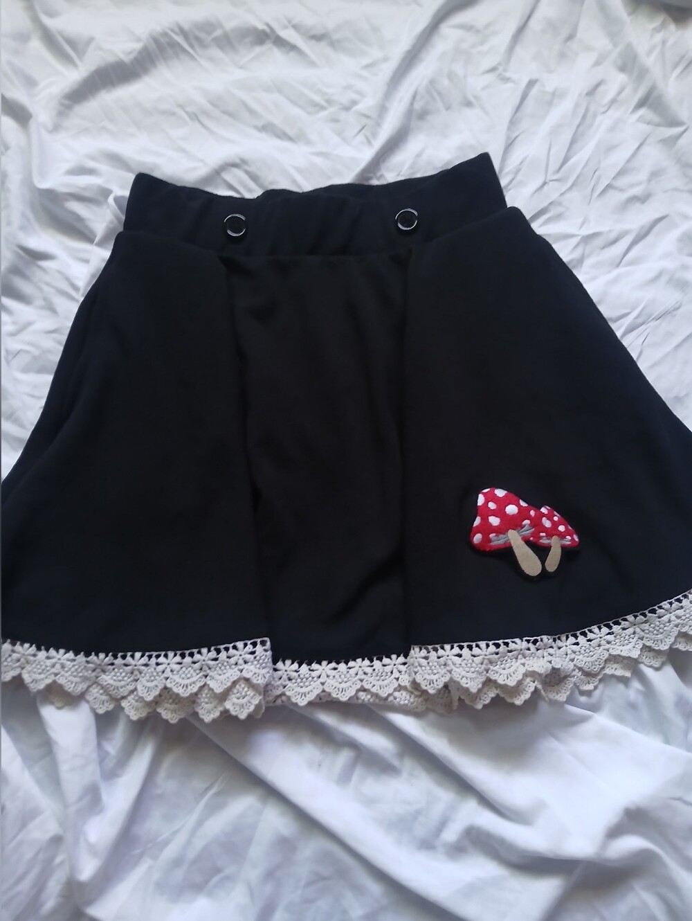 Black Skirt with Lace Hem and Red Mushroom Patch